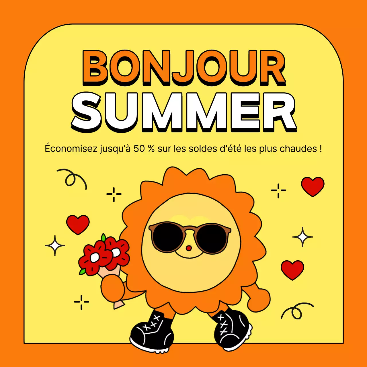 Publicité pop-art pour les soldes d'été en orange et jaune