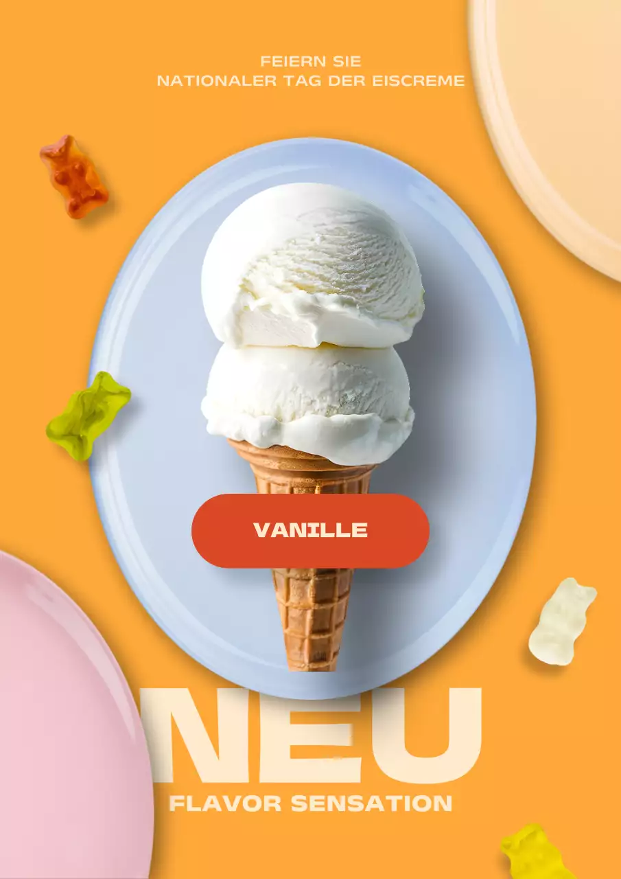 Ankündigung der neuen trendigen Eiskarte in Orange und Hellblau