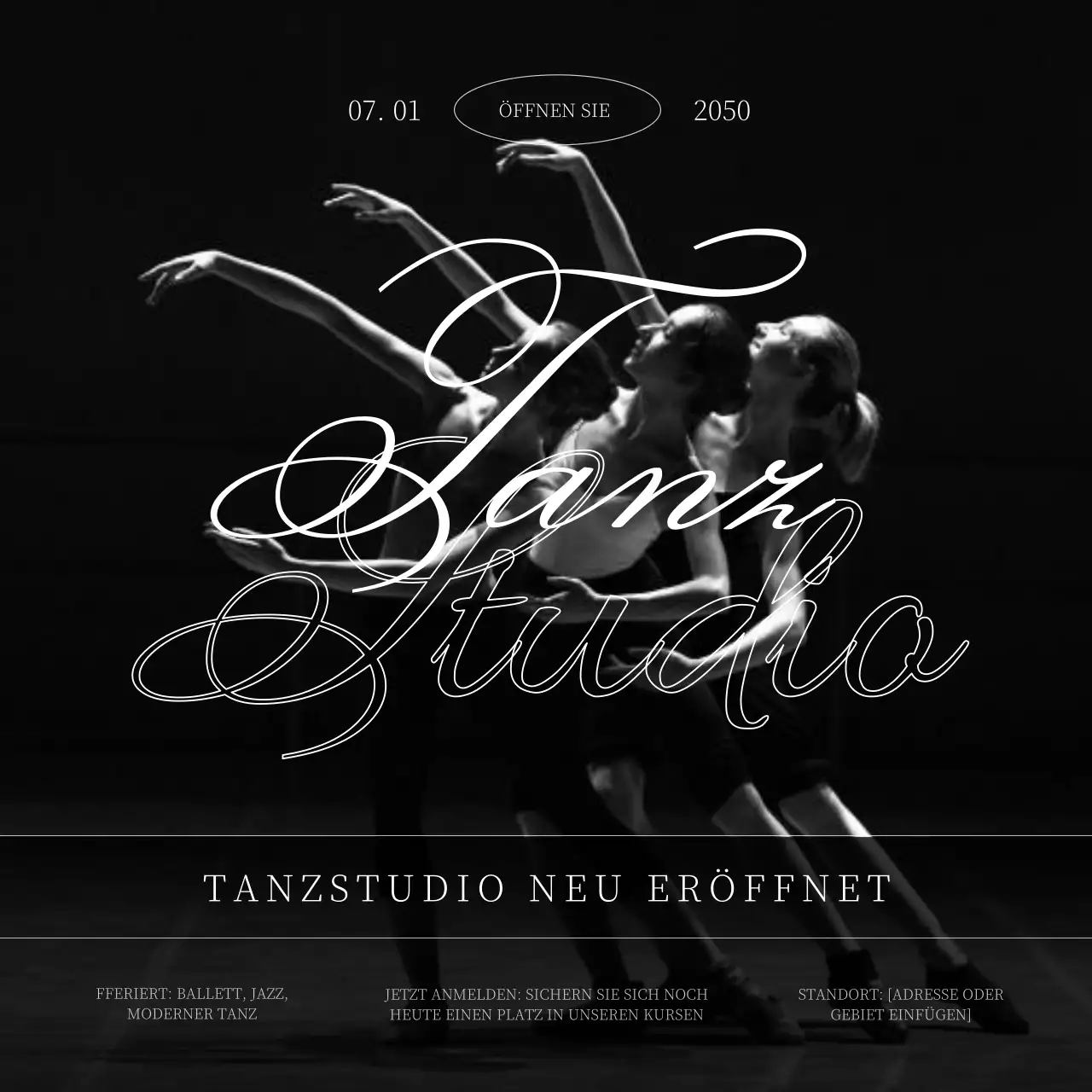 Werbung für die Eröffnung eines modernen Tanzstudios in Schwarz-Weiß