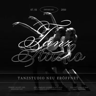 Werbung für die Eröffnung eines modernen Tanzstudios in Schwarz-Weiß