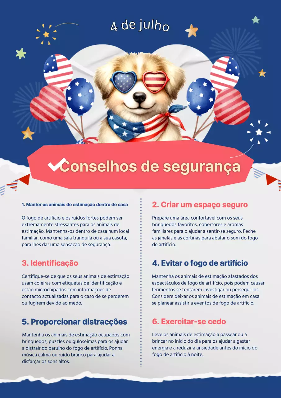 Dicas de segurança para animais de estimação no Quatro de julho azul e vermelho