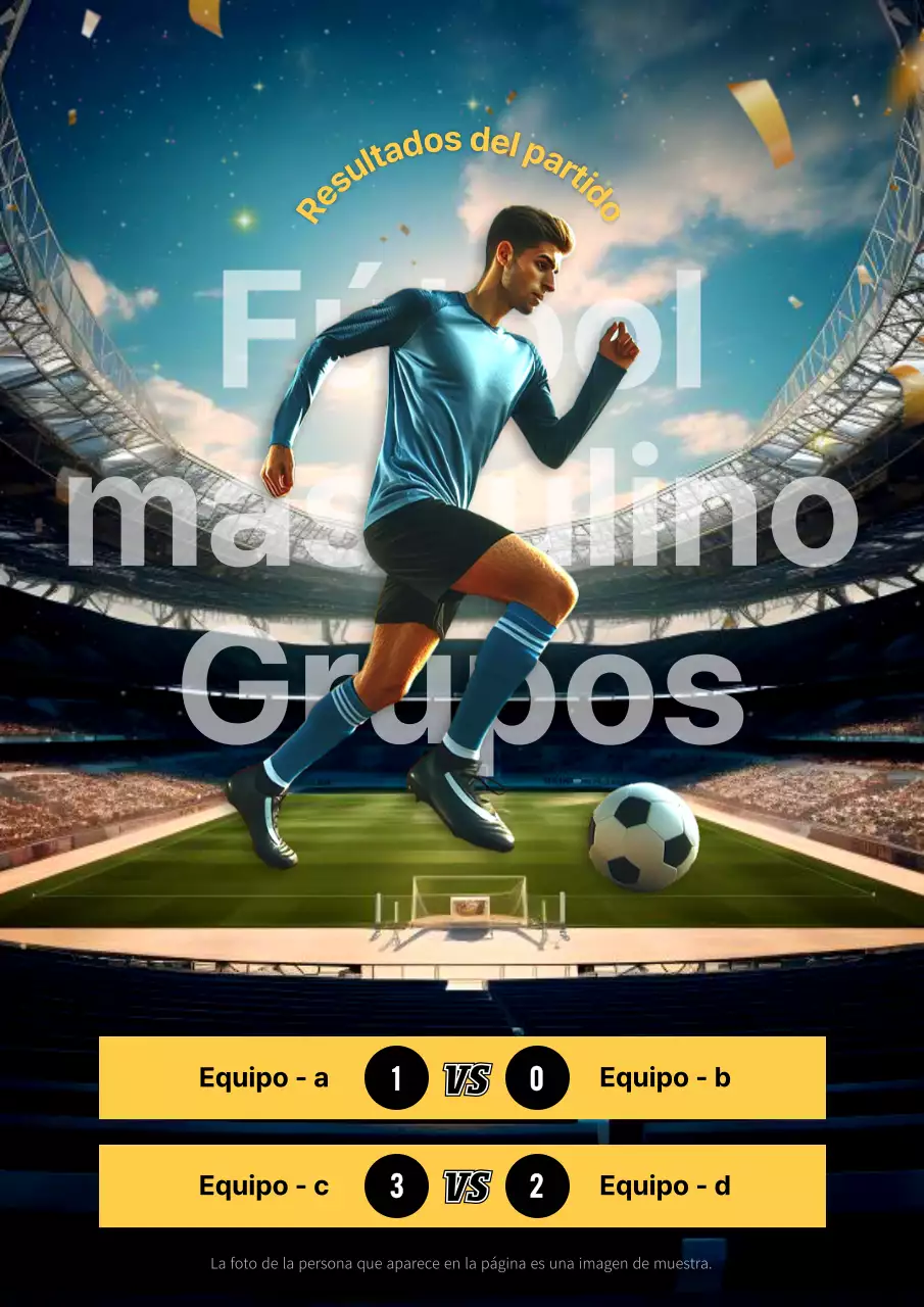 Anuncios de resultados de partidos de fútbol resaltados en amarillo y negro