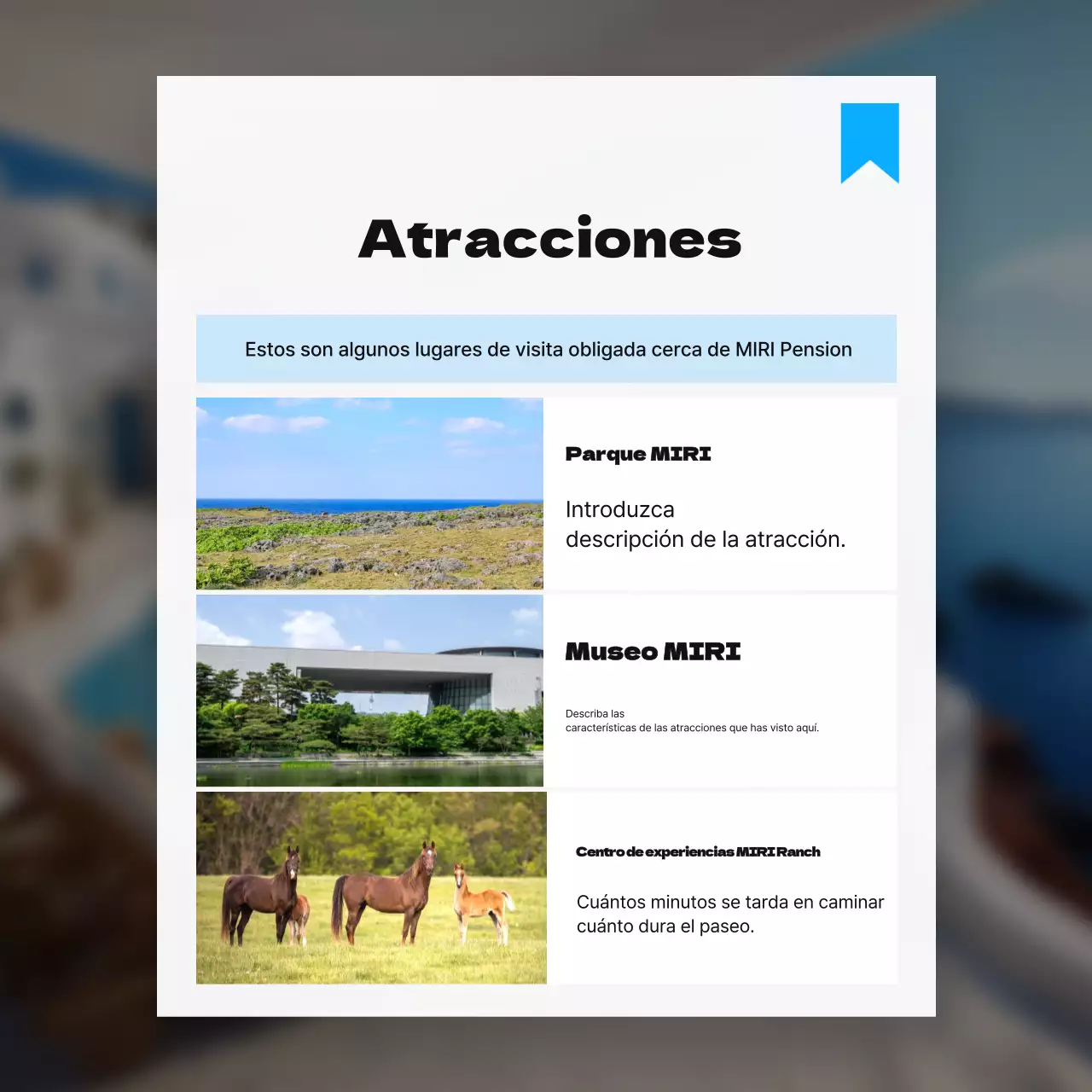 Promocionar las atracciones cercanas con una sencilla combinación de colores blanco y azul claro.