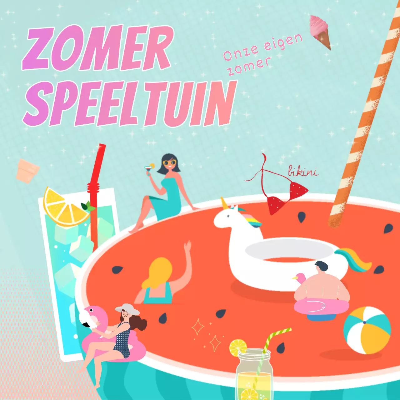 Tropische zomerreclame in mint en roze