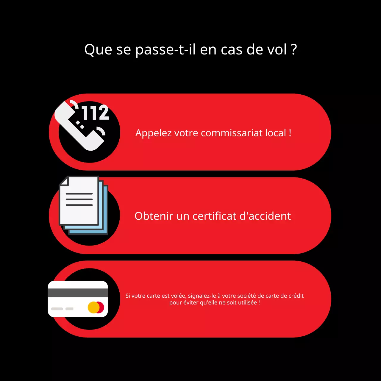 Conseils de sécurité en cas de vol pendant les vacances, soulignés en rouge et noir