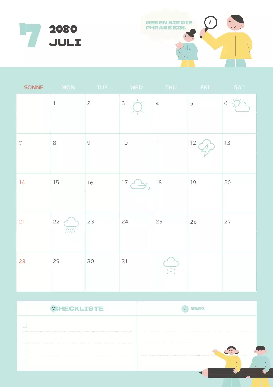 Hübscher Kalender in Hellblau und Gelb.