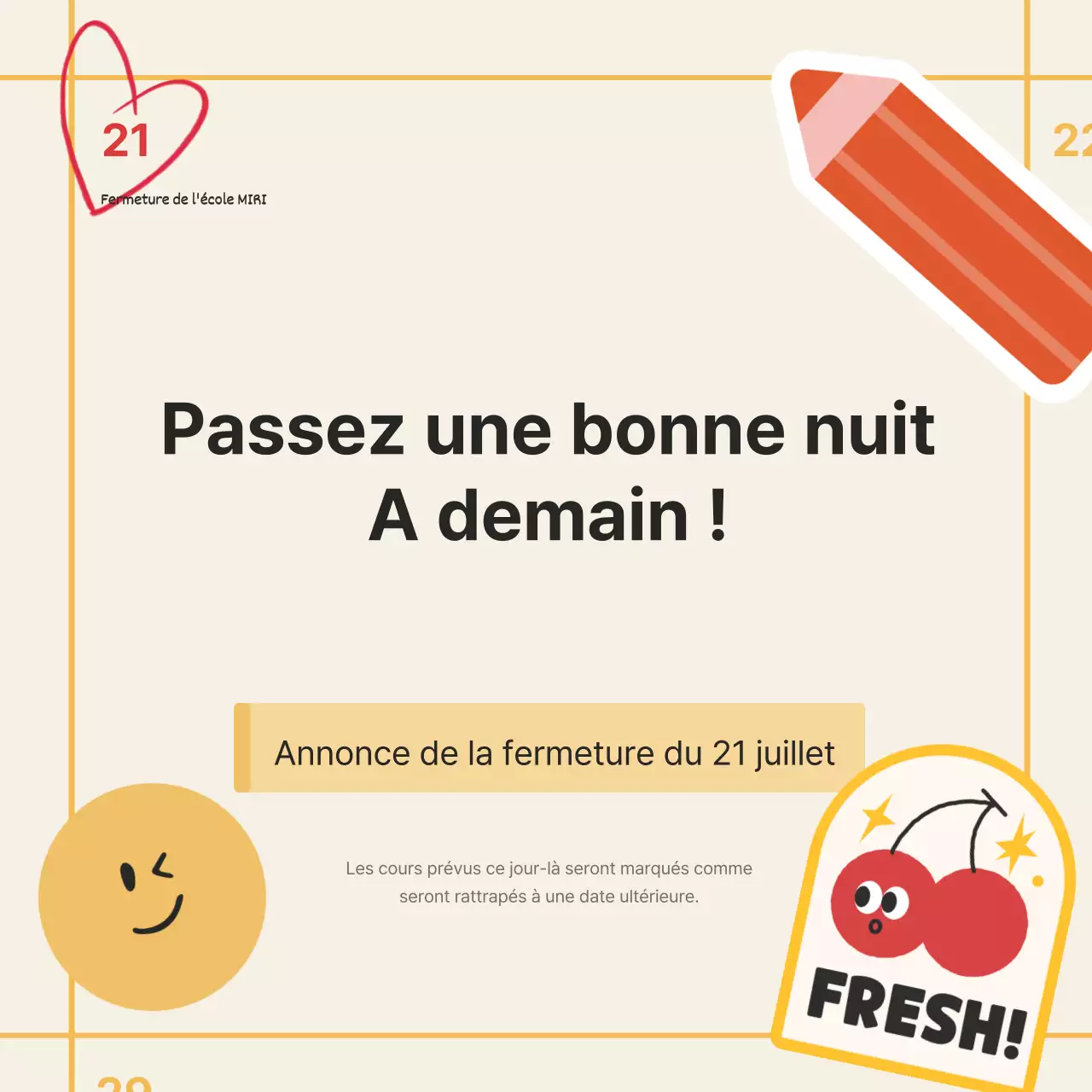 Jolie annonce de fermeture d'école orange et jaune
