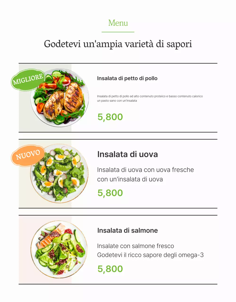 Promuovere una semplice pagina di dettaglio dell'insalata bianca e chartreuse