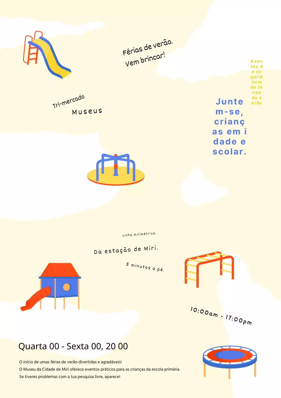 Publicidade para o evento de experiência infantil amarelo e vermelho.