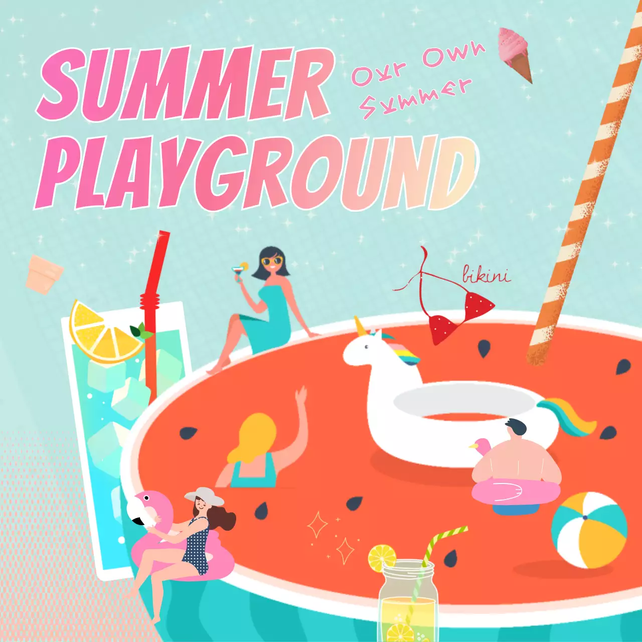 Tropical summer ads in mint and pink