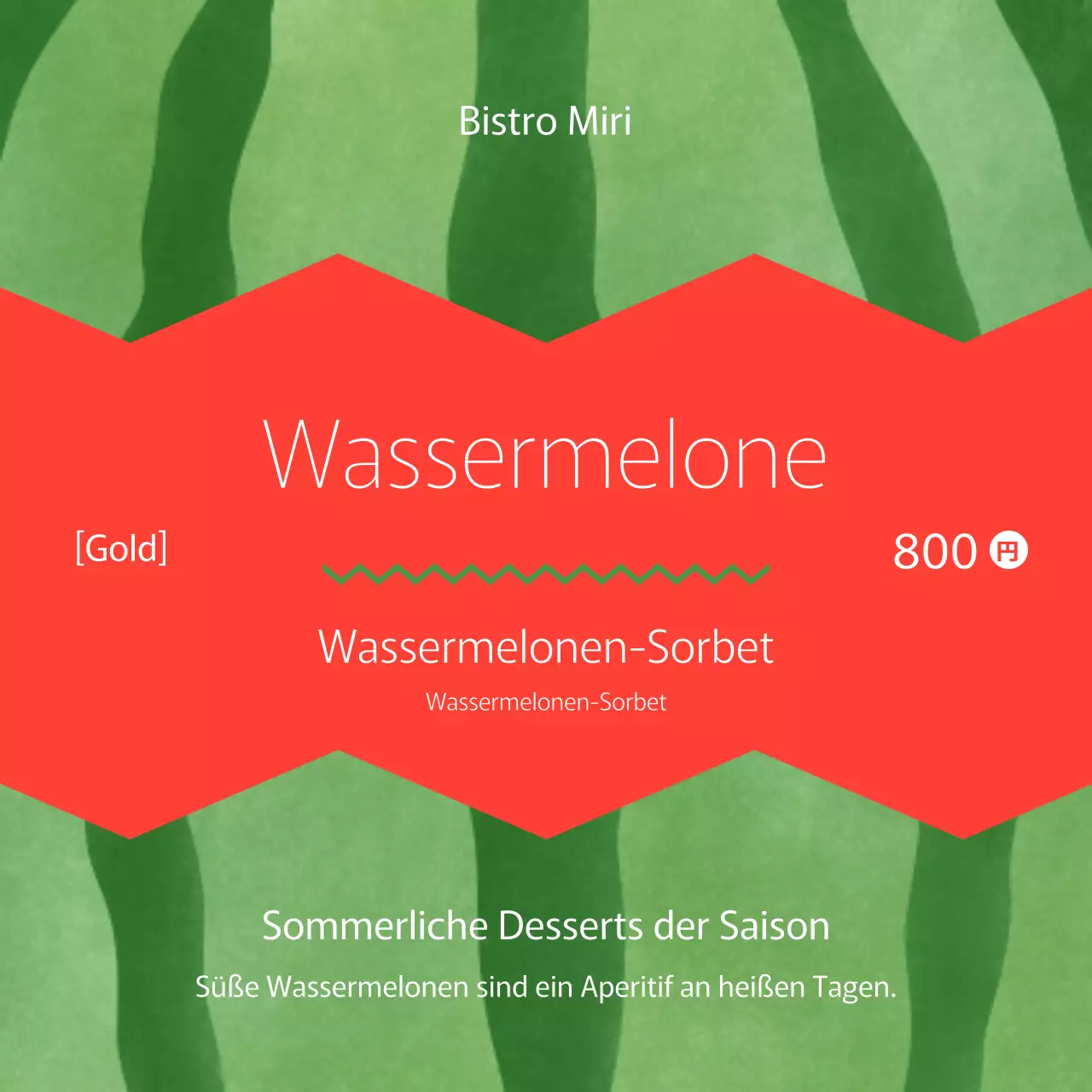 Förderung einer sommerlichen Dessertkarte mit roten und grünen Farbtupfern.