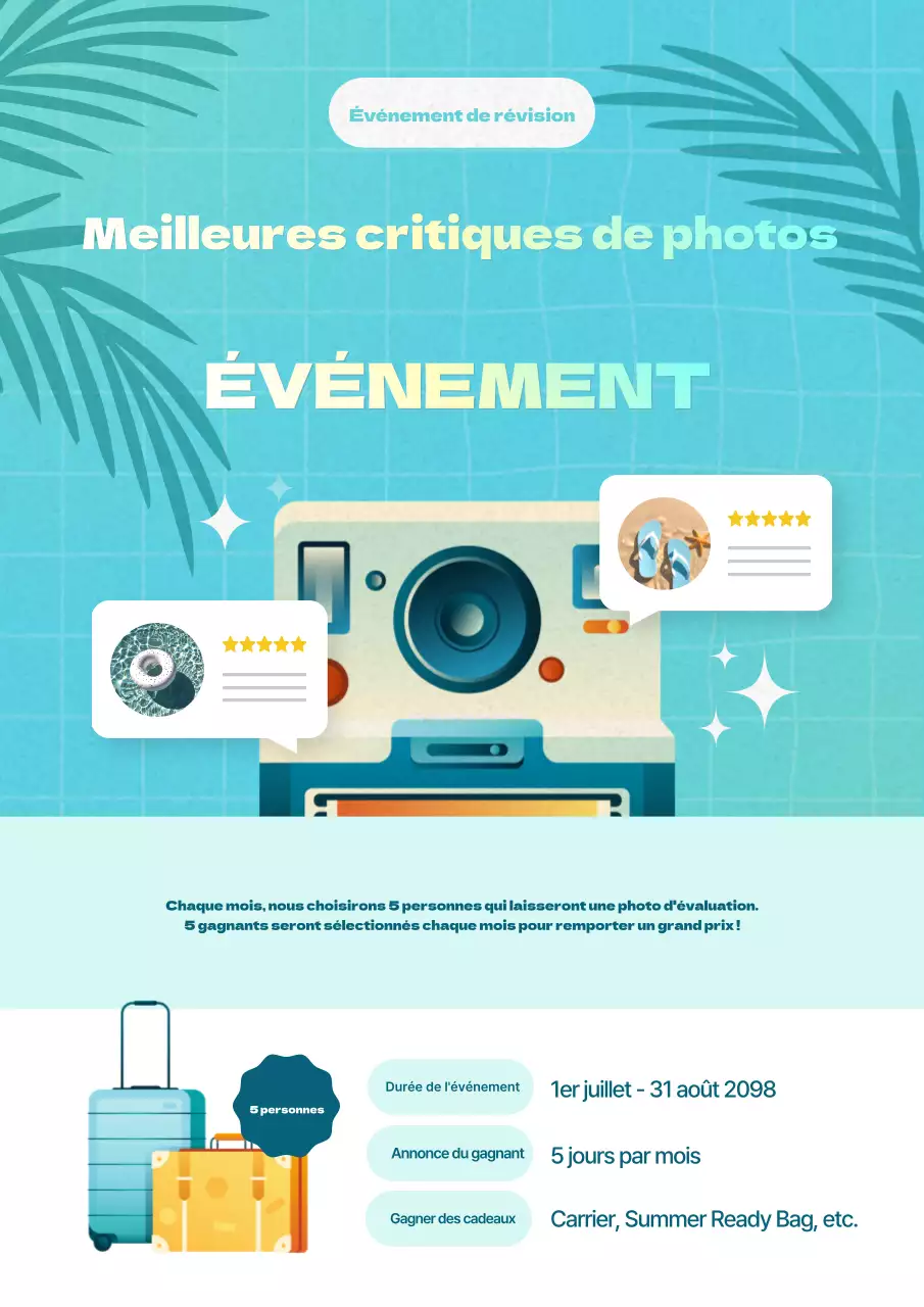 Faites la promotion de votre événement d'évaluation de photos avec un bleu clair et une jolie photo.