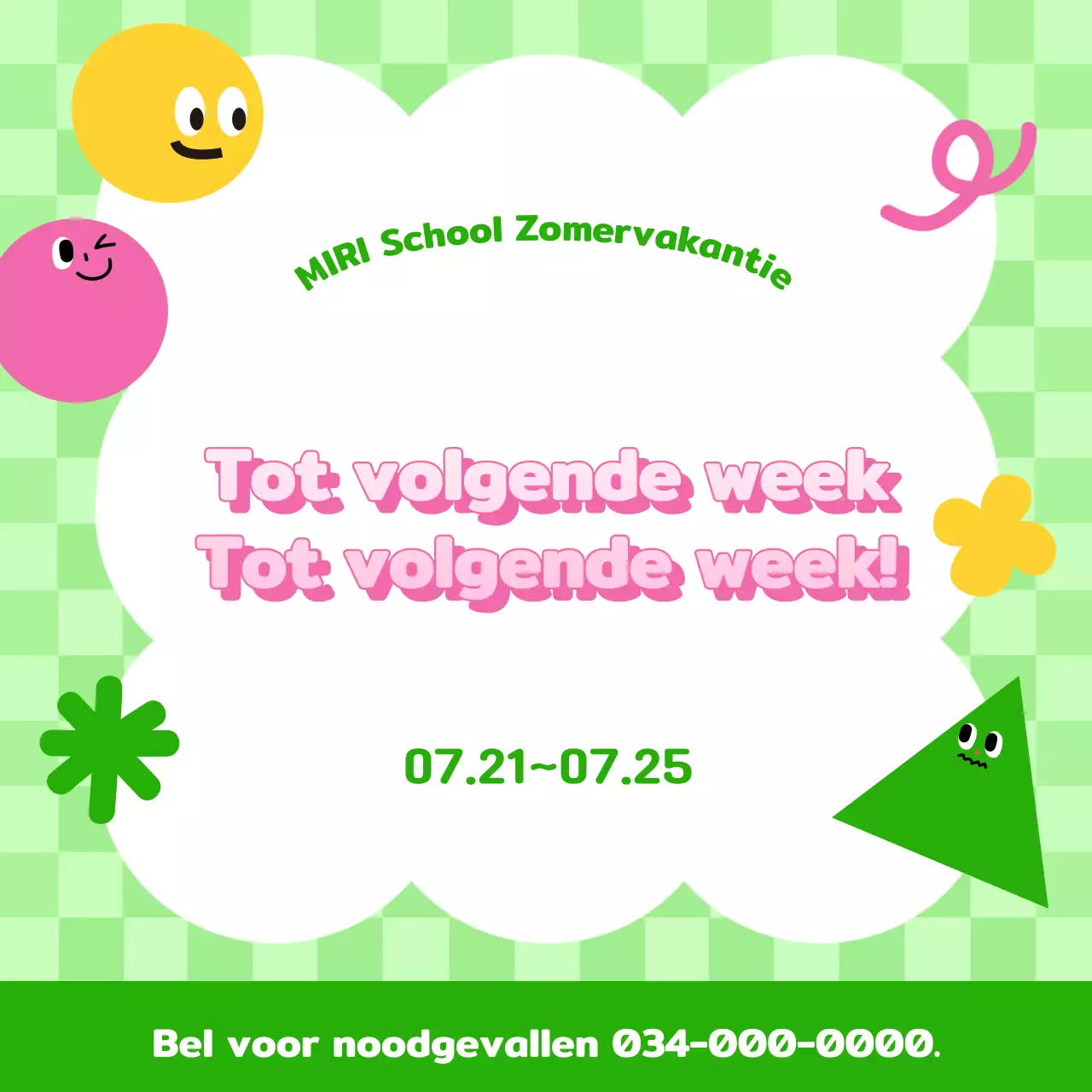 Zomervakantieaankondiging van een mooie school in groen en roze