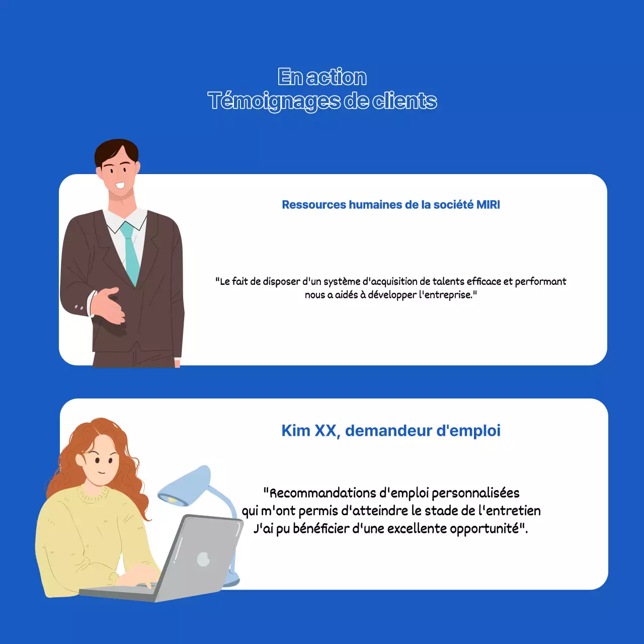 Faites la promotion de votre plateforme de recherche d'emploi avec des accents bleus et blancs.