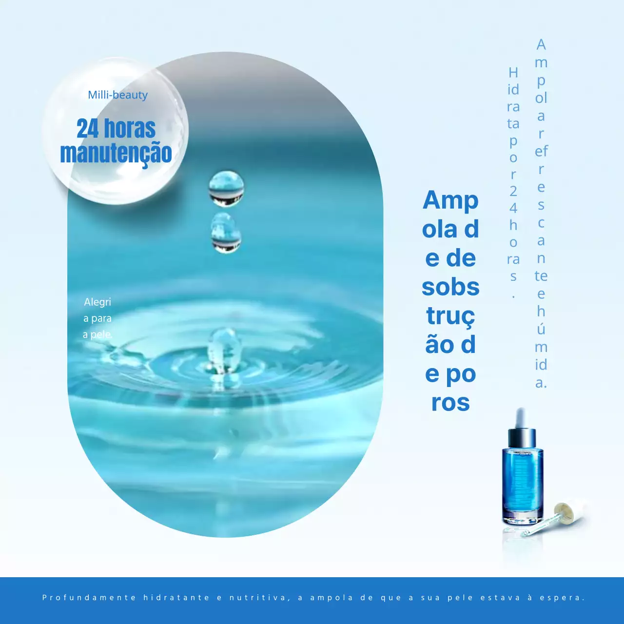 Anúncio simples de cosméticos em ampolas azuis e azuis claras.