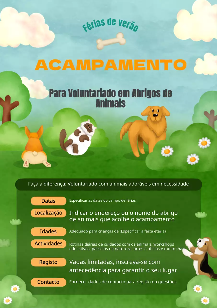 Promover os campos de férias verde e laranja no Centro de Cuidados dos Animais