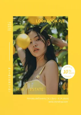 Pubblicità di coupon per eventi di abbigliamento della stagione estiva tropicale in giallo e bianco.