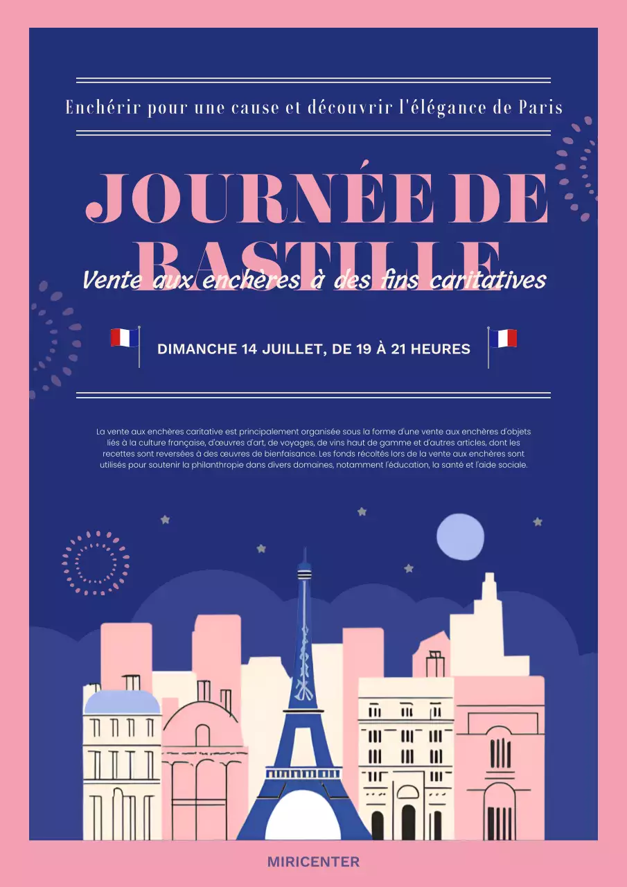 Promouvoir une vente aux enchères de charité moderne pour la Journée de la Révolution française en bleu marine et en rose