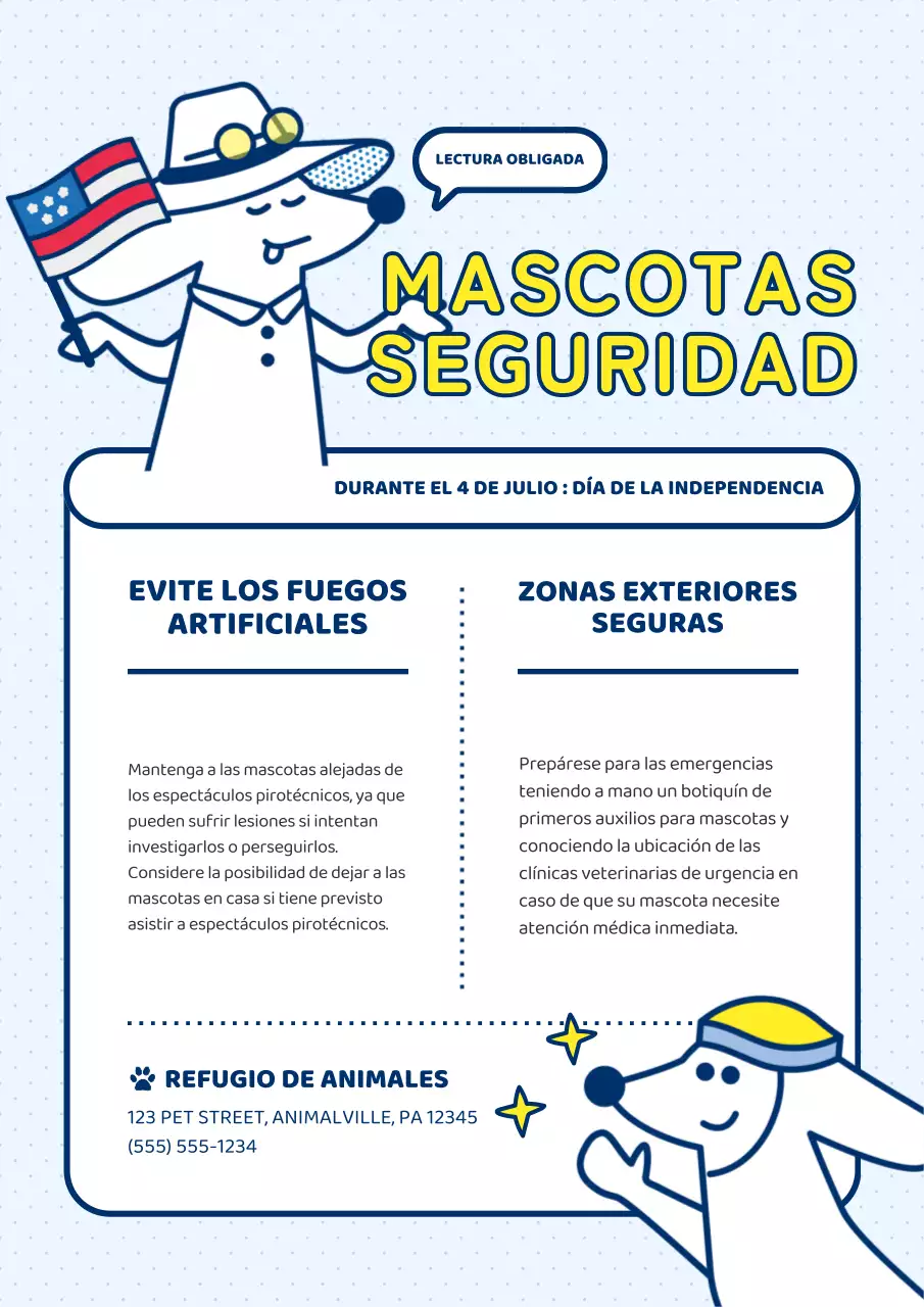 Consejos modernos de seguridad para mascotas explicados en azul claro y amarillo