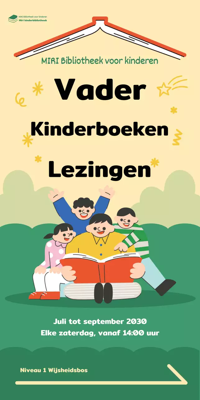 Banner met een vrolijke illustratie van een vader die een boek voorleest aan een kind