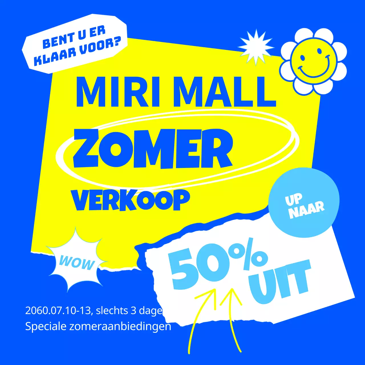 Promoot een kitscherige uitverkoop in geel en blauw