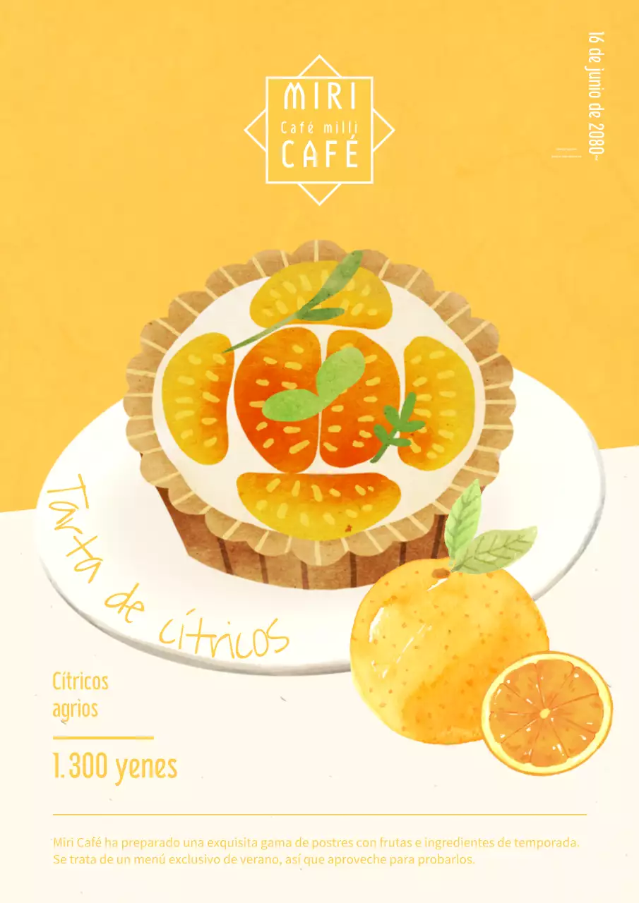 Publicidad para un precioso menú de postres de verano en blanco y amarillo.