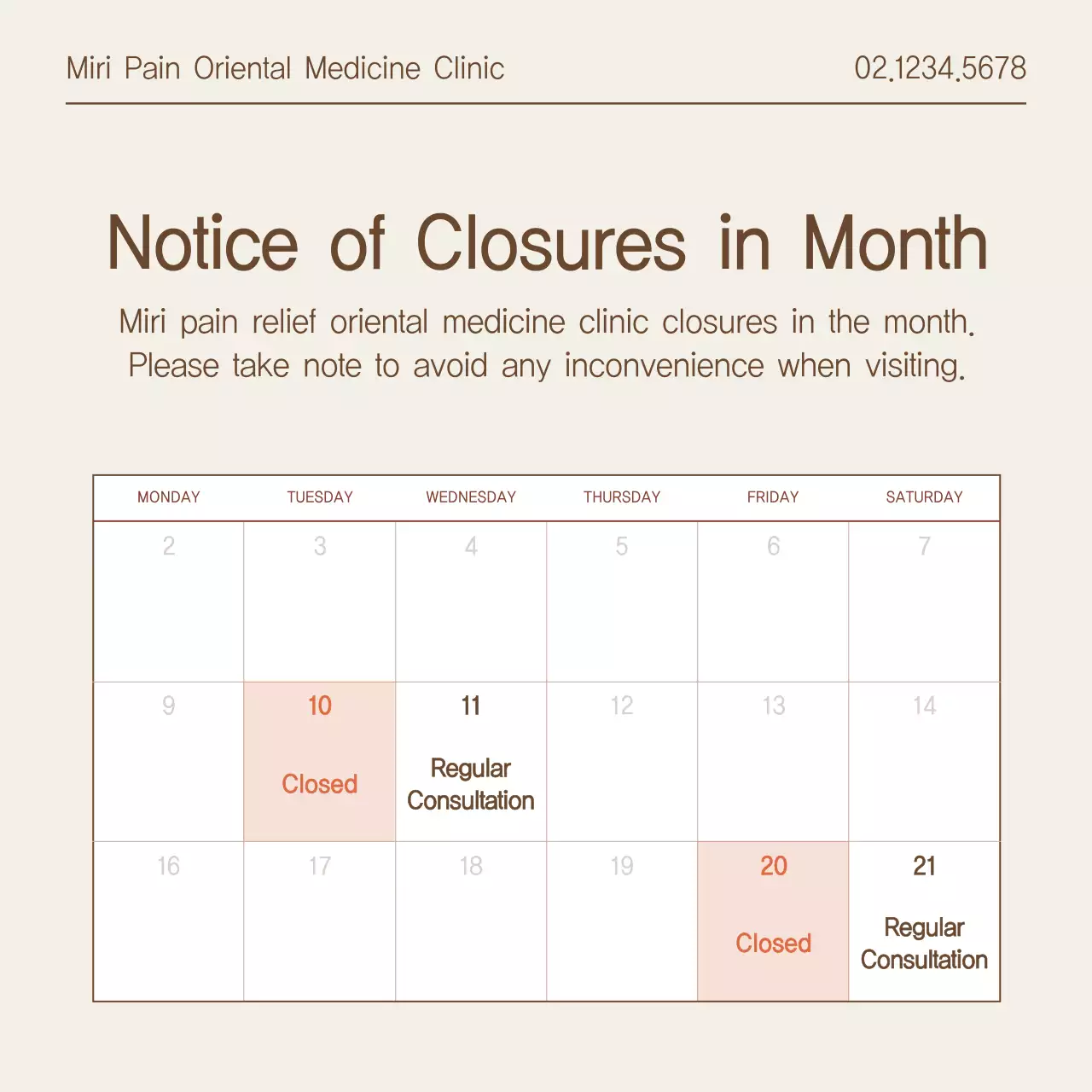 Brown Simple Hospital Notice Instagram Carousel