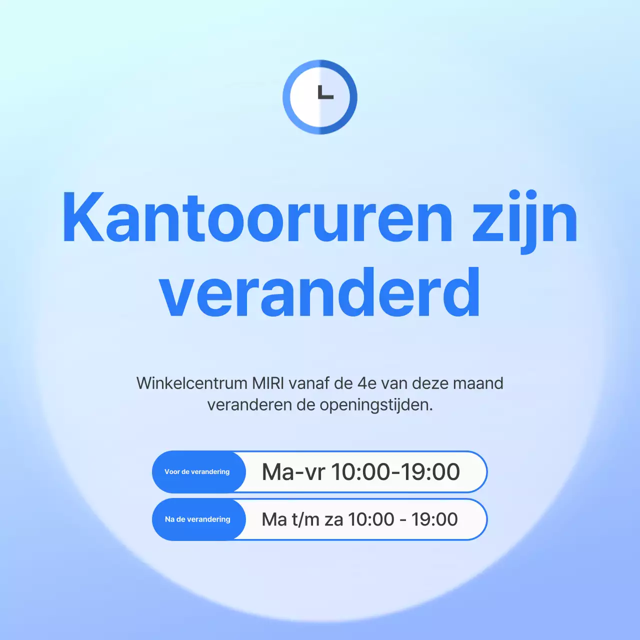 Eenvoudige blauwe en lichtblauwe aankondiging van gewijzigde openingstijden