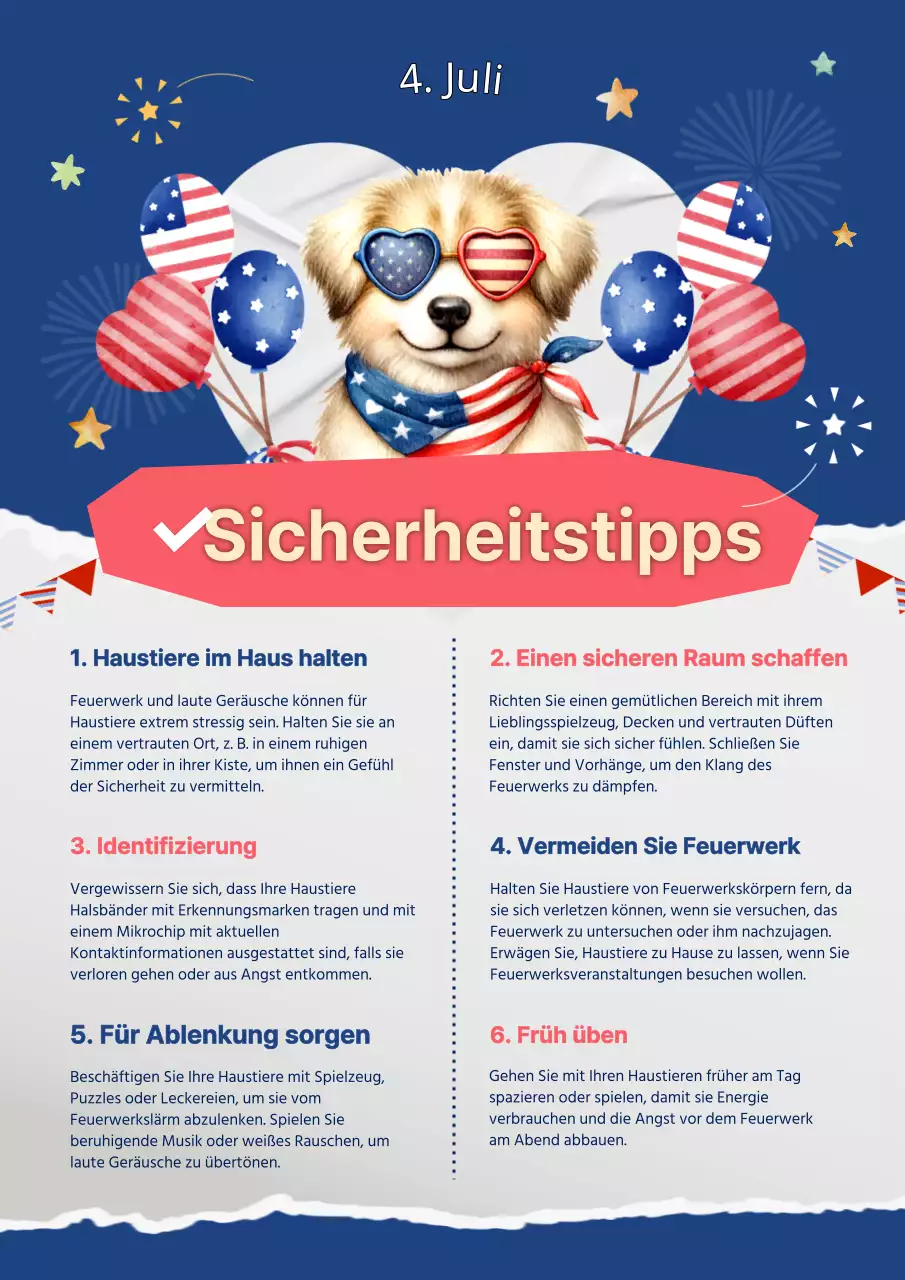 Blaue und rote Sicherheitstipps für Haustiere zum 4. Juli