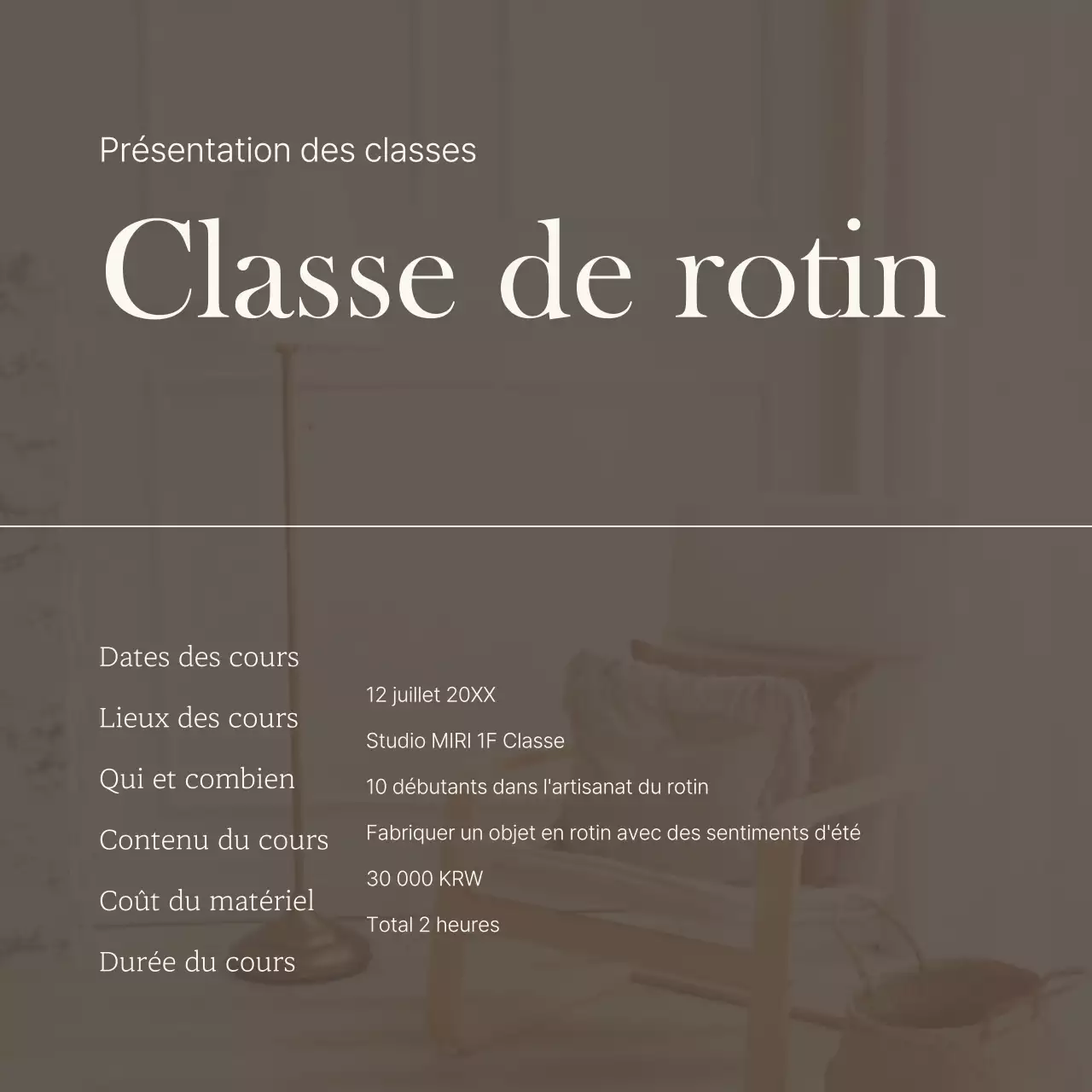 Annonce d'un cours luxueux d'une journée sur l'ivoire et le marron