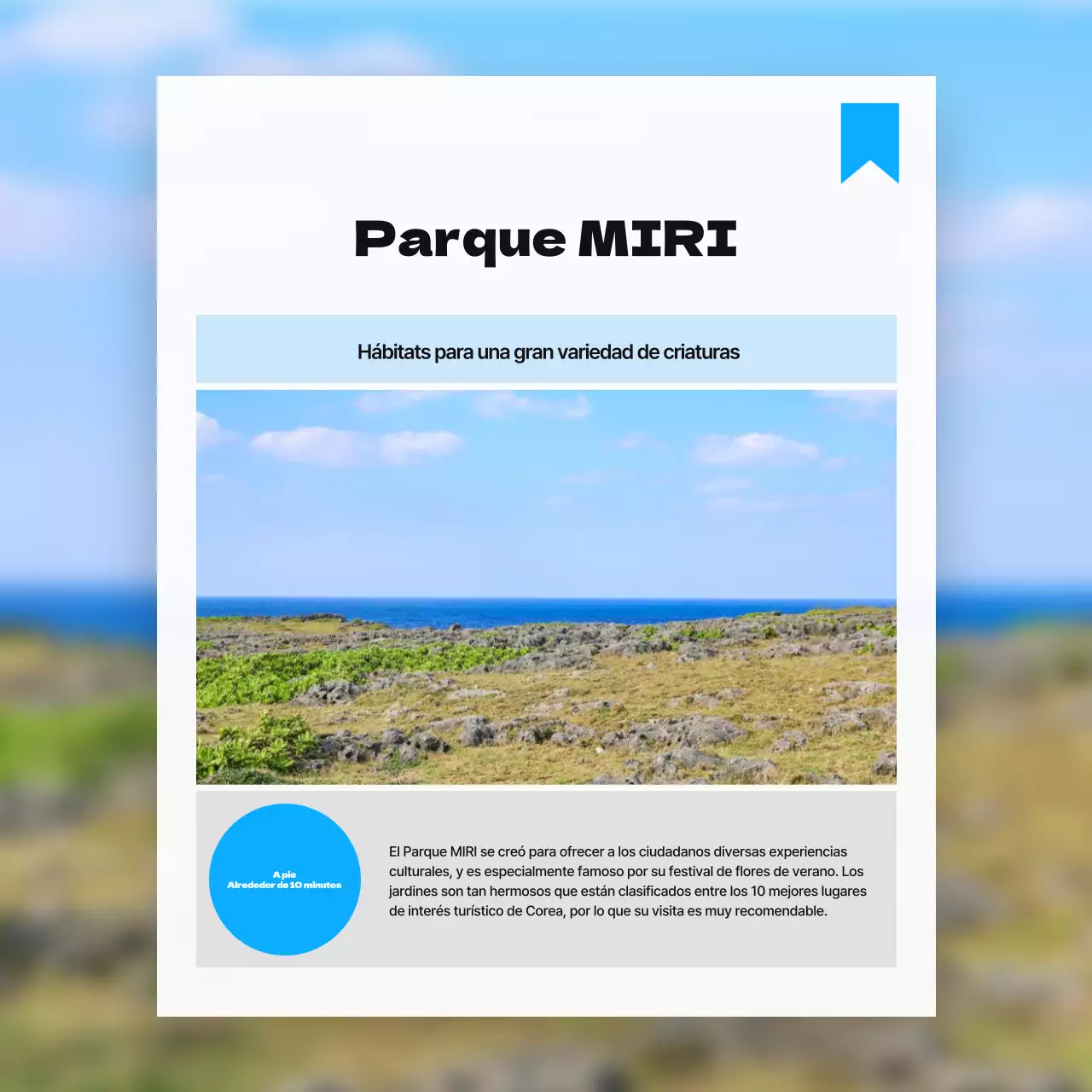 Promocionar las atracciones cercanas con una sencilla combinación de colores blanco y azul claro.