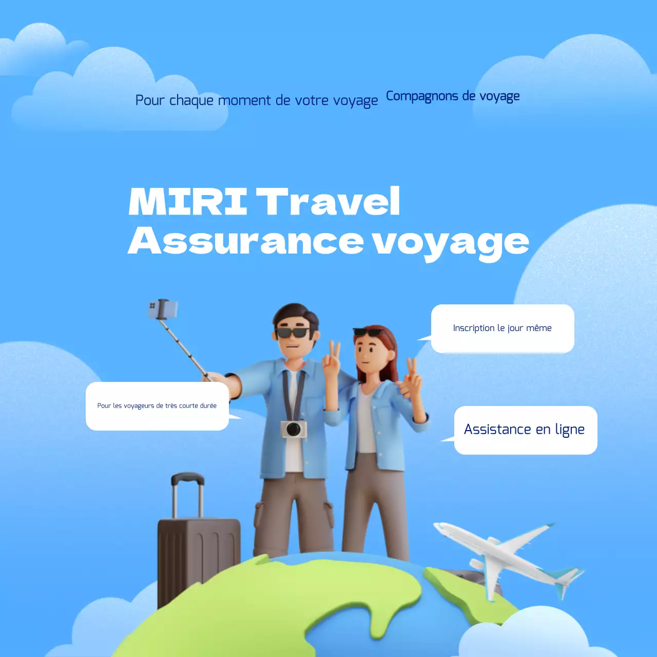 Publicité branchée sur l'assurance voyage en bleu et blanc