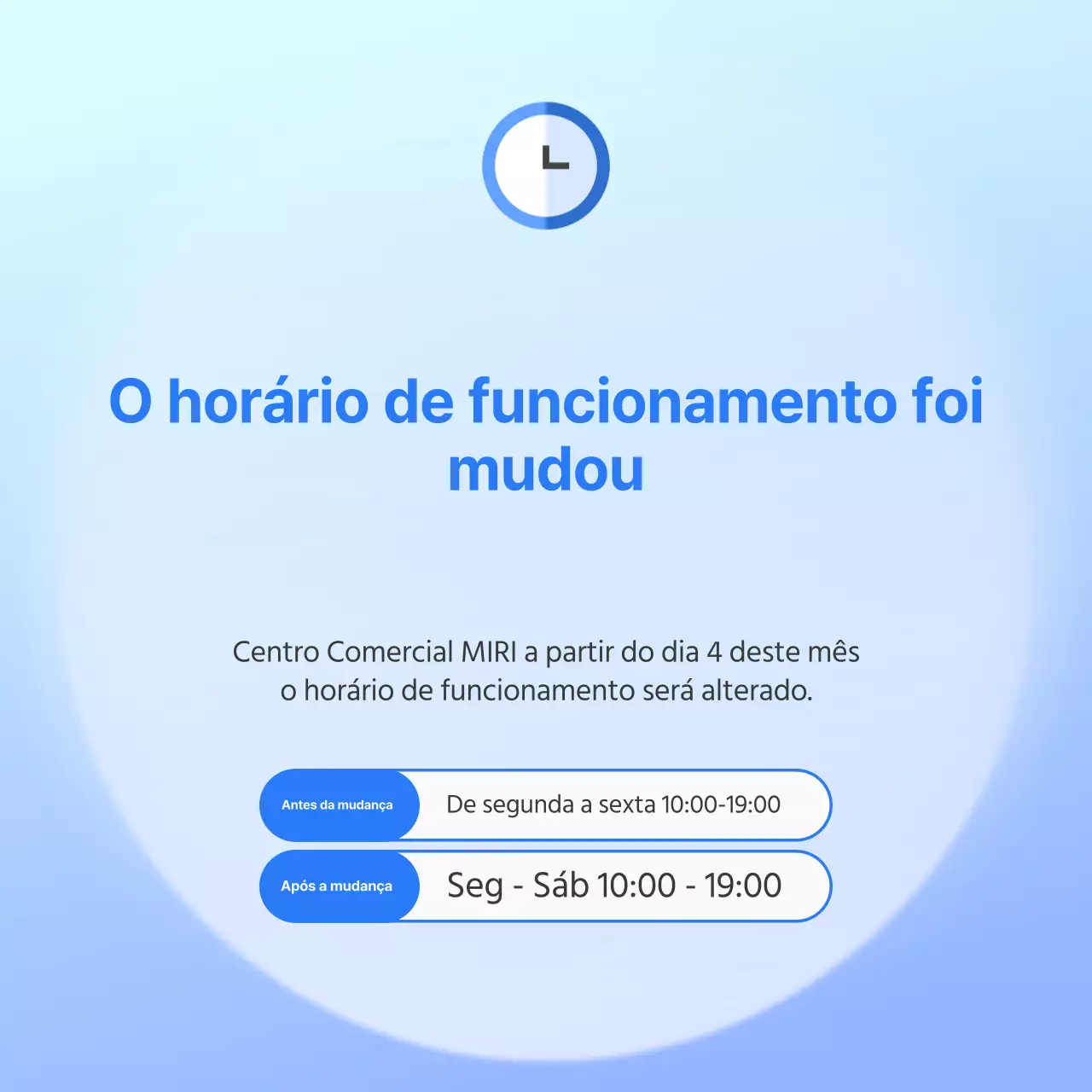 Aviso de alteração do horário de funcionamento em azul simples e azul claro