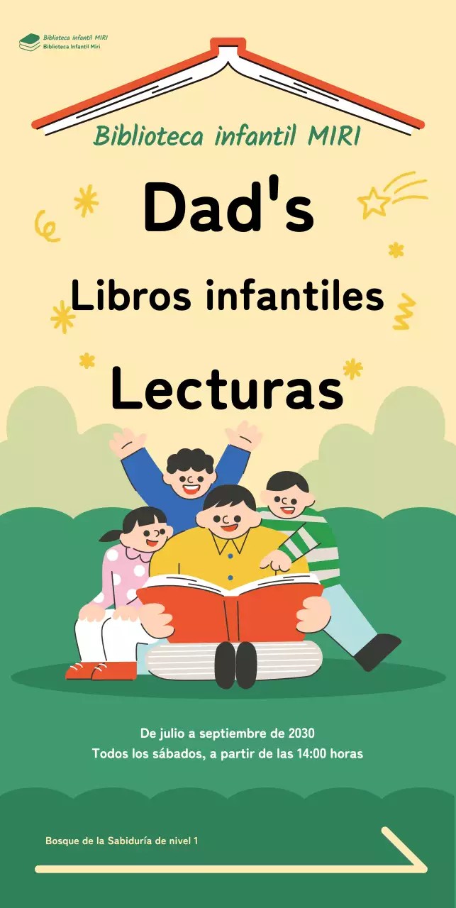 Banner con una alegre ilustración de un padre leyendo un libro a un niño