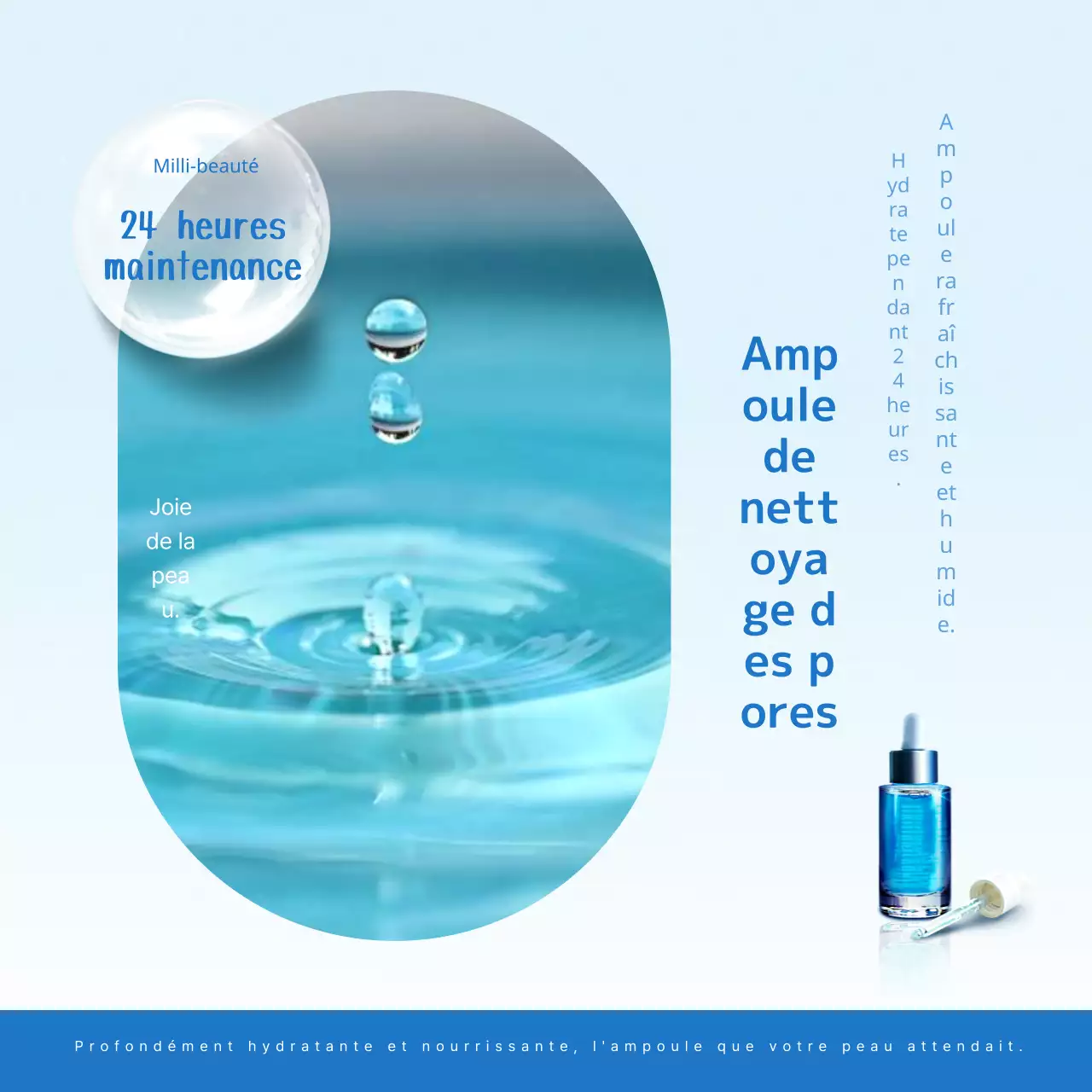 Publicité simple pour des produits cosmétiques en ampoules bleues et bleues claires.