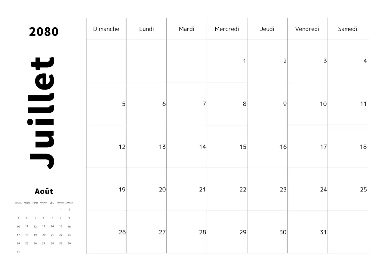 Calendrier simple en noir et blanc.