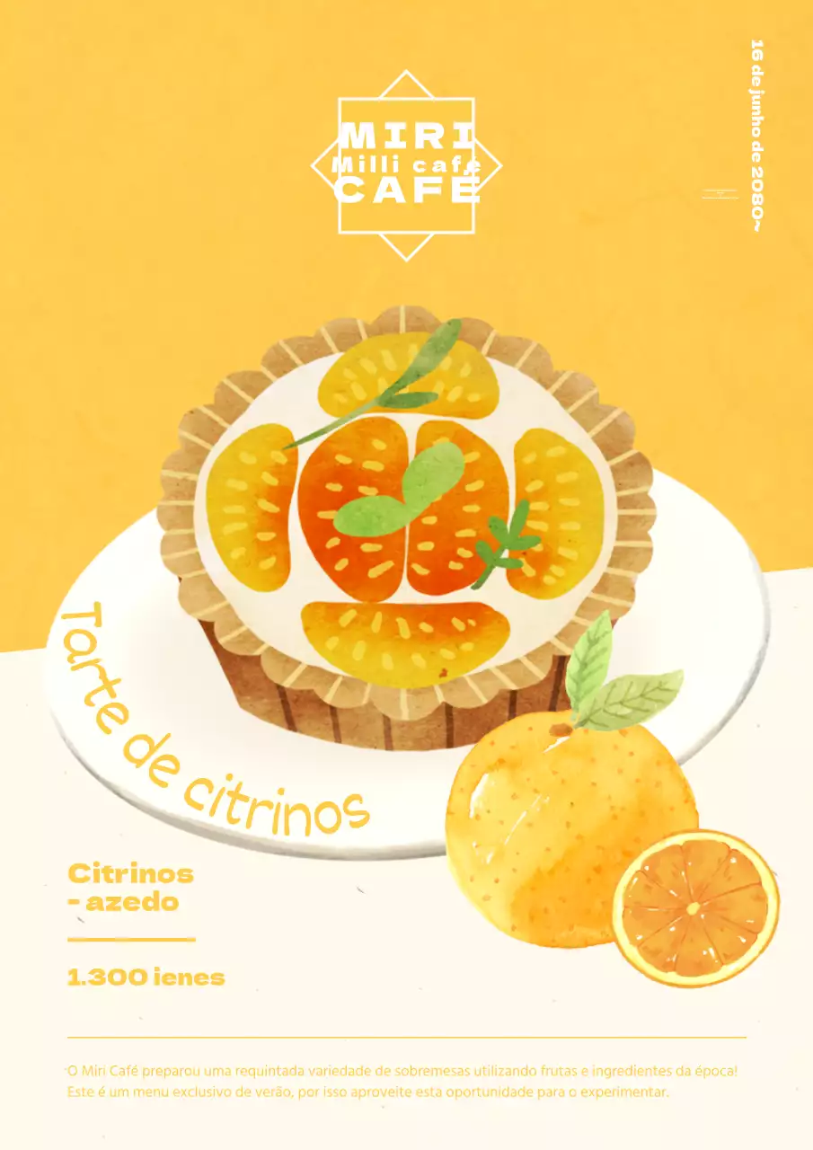 Publicidade para um belo menu de sobremesas de verão em amarelo e branco.