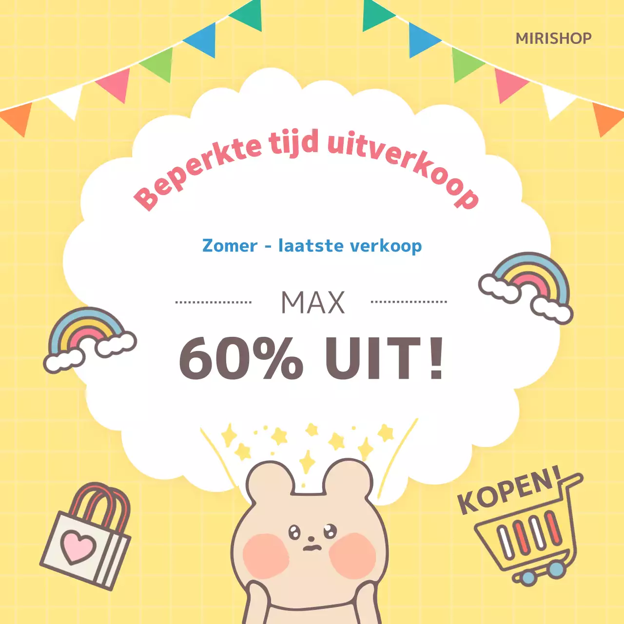 Een eenvoudige Timesale-post in geel en regenboog