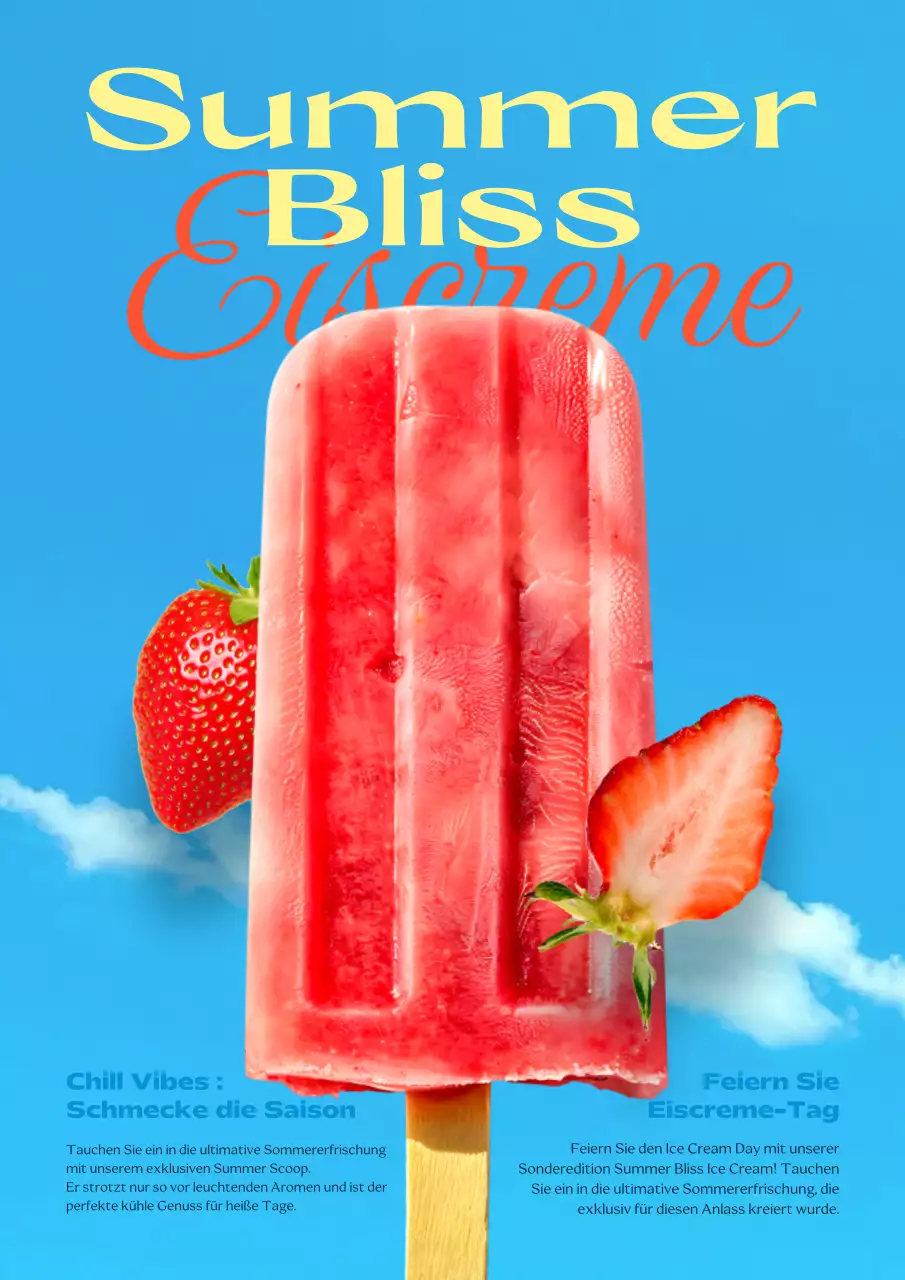 Speisekartenankündigung einer Eisdiele mit roten und blauen Akzenten
