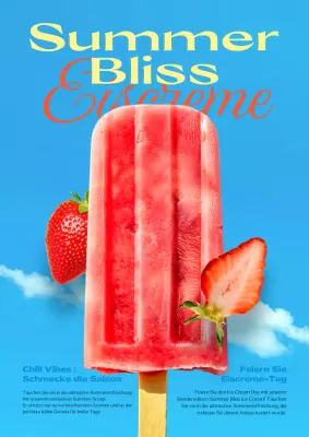 Speisekartenankündigung einer Eisdiele mit roten und blauen Akzenten