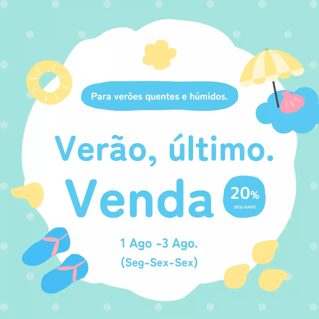 Anúncio de um belo desconto de verão em tons de azul claro e menta.
