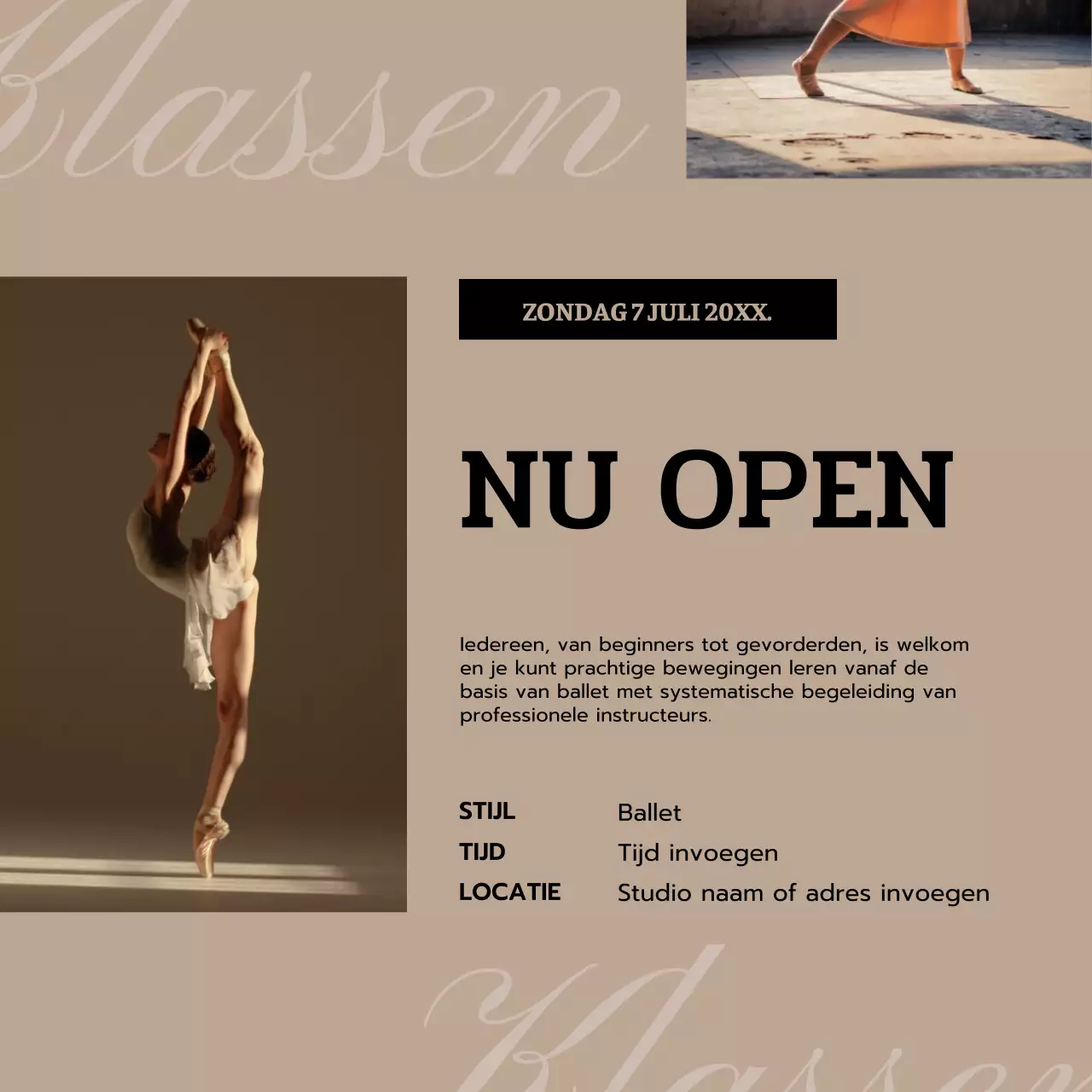 Eenvoudige aankondiging balletles in zwart en beige