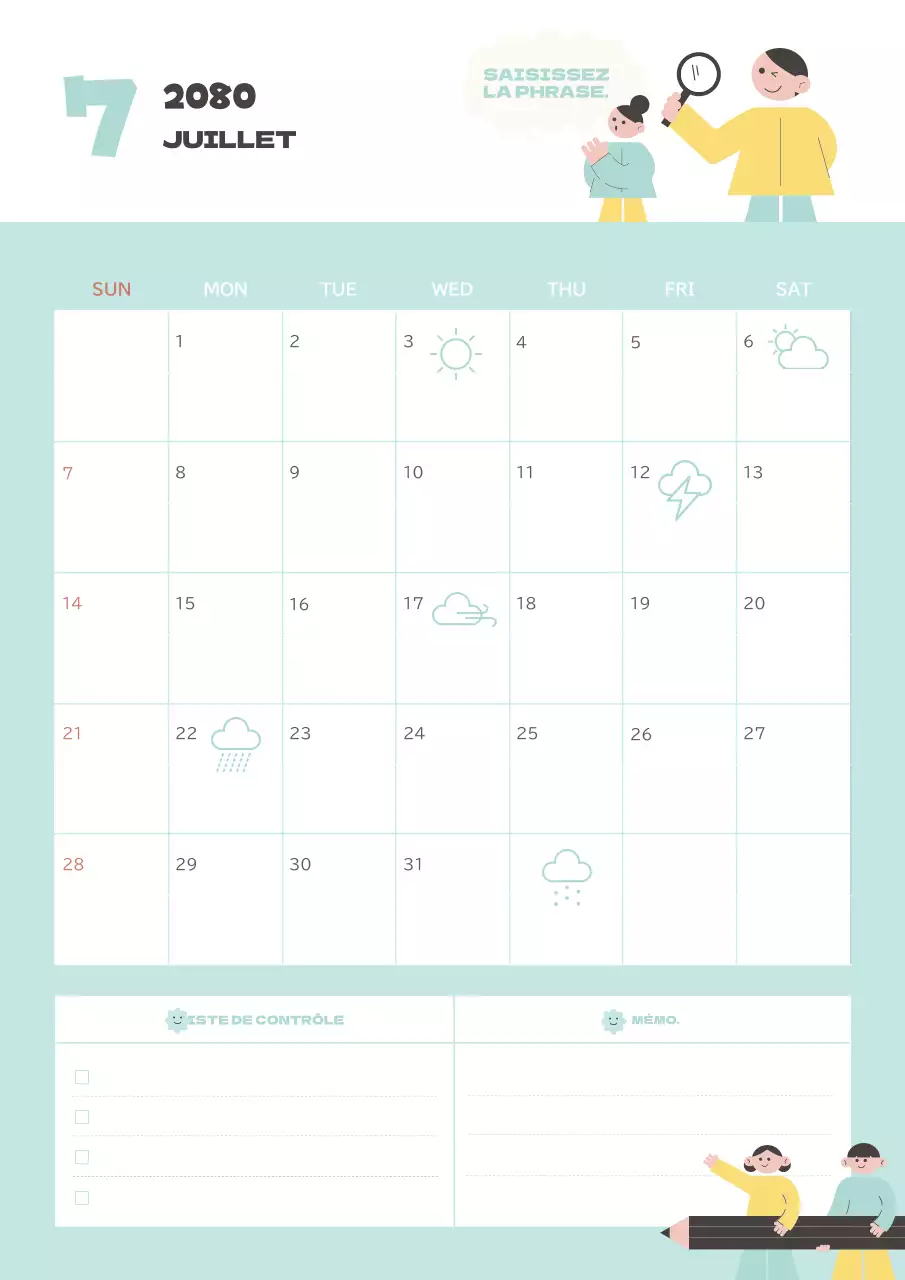 Joli calendrier en bleu clair et jaune.