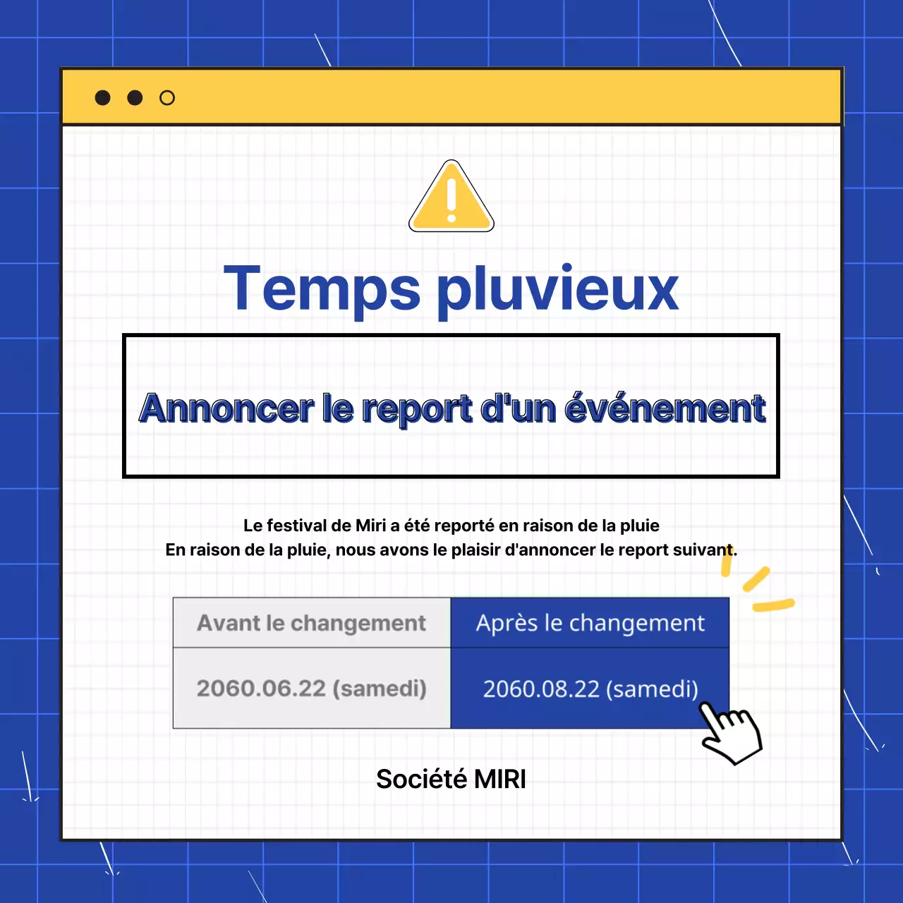 Une simple annonce de report d'événement en bleu et jaune