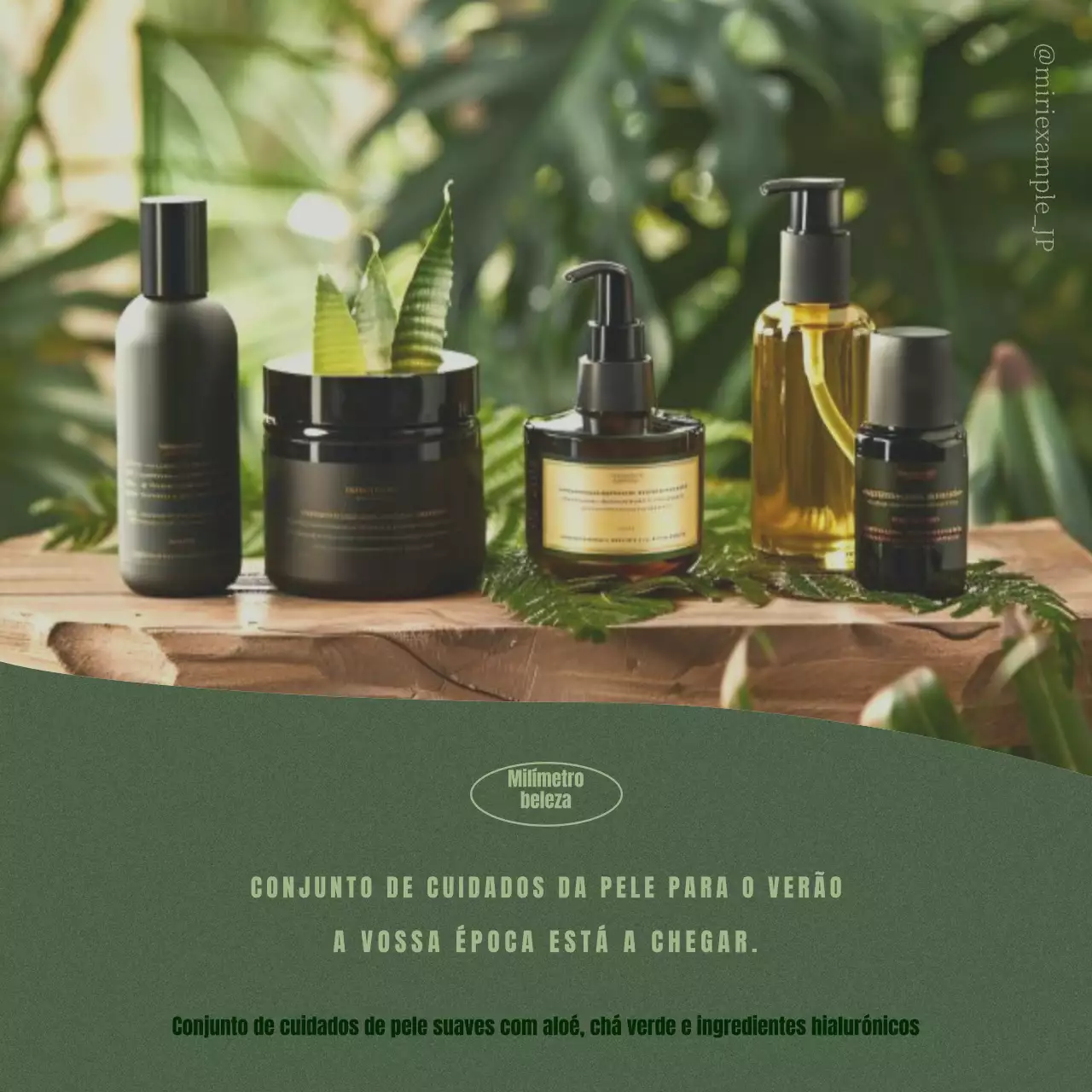 Conjunto de anúncios simples de verão para cuidados da pele em caqui e verde.