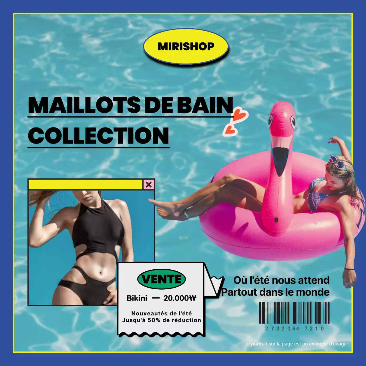 Promouvoir une collection kitsch de maillots de bain d'été en bleu clair et rose vif