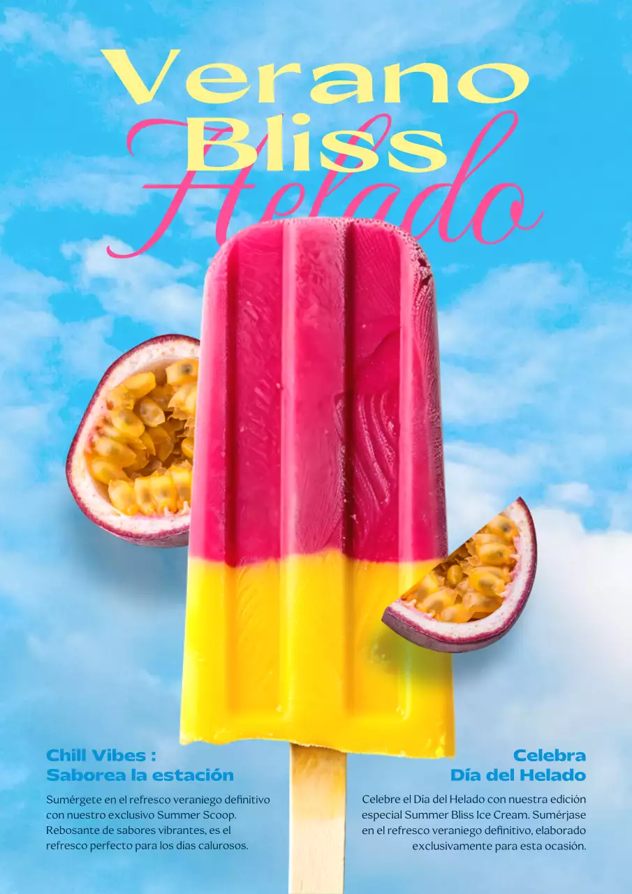 Promocione el menú de una heladería con detalles en rosa y amarillo.