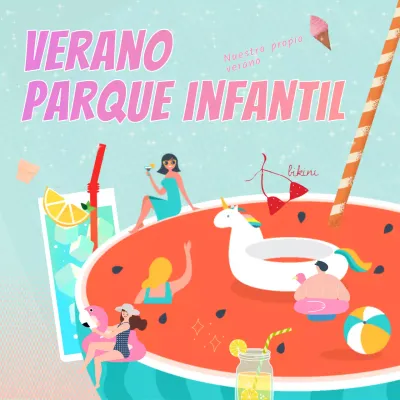 Anuncio tropical de verano en menta y rosa