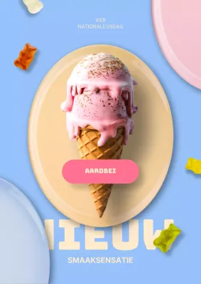 Advertentie voor nieuw ijsmenu met lichtblauwe en roze accenten