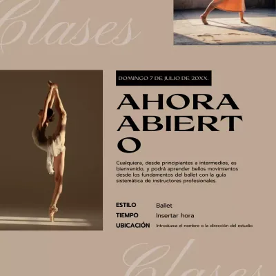 Anuncio sencillo de clase de ballet en negro y beige